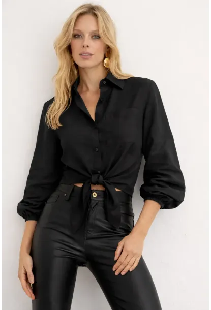 Siyah Bağlamalı Crop Gömlek – Lastikli Kol Detaylı Yazlık Kadın Gömlek