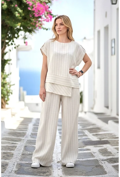 Siyah Çizgili Keten Alt Üst Takım