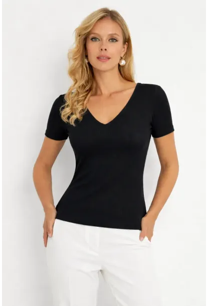 Siyah Kaşkorse V Yaka Dantel Detaylı Kısa Kollu Bluz