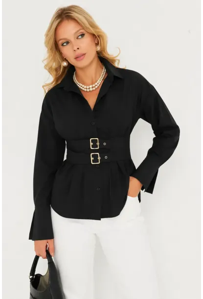 Siyah Korseli Detaylı Şık Gömlek – Bel Vurgulu Modern Kesim