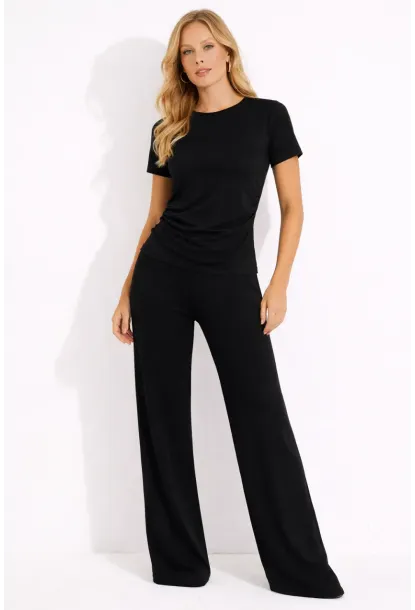 Siyah Modal Kumaş Kısa Kollu Pile Detaylı Eşofman Takımı