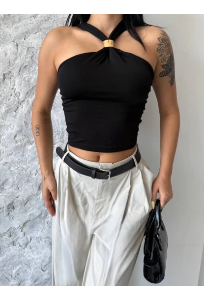 Siyah Sandy Kumaş Yaka Detay Bluz