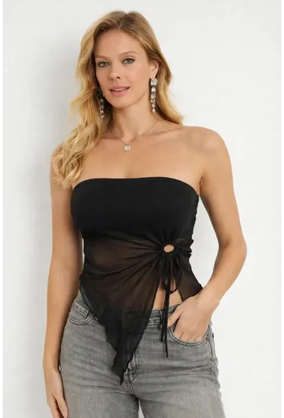 Siyah Straplez Tül Detaylı Büzgülü Crop Bluz