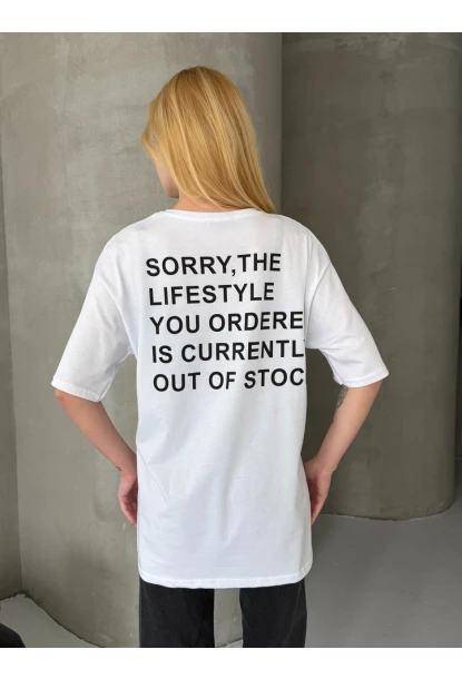 Sorry Yazılı Sırt Baskılı Oversize Kadın Tişört Beyaz