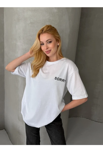 Sorry Yazılı Sırt Baskılı Oversize Kadın Tişört Beyaz