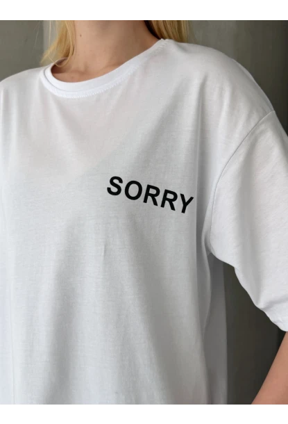 Sorry Yazılı Sırt Baskılı Oversize Kadın Tişört Beyaz