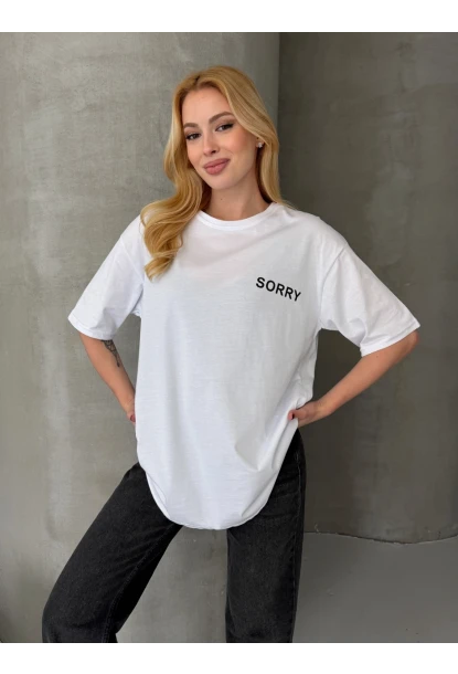 Sorry Yazılı Sırt Baskılı Oversize Kadın Tişört Beyaz