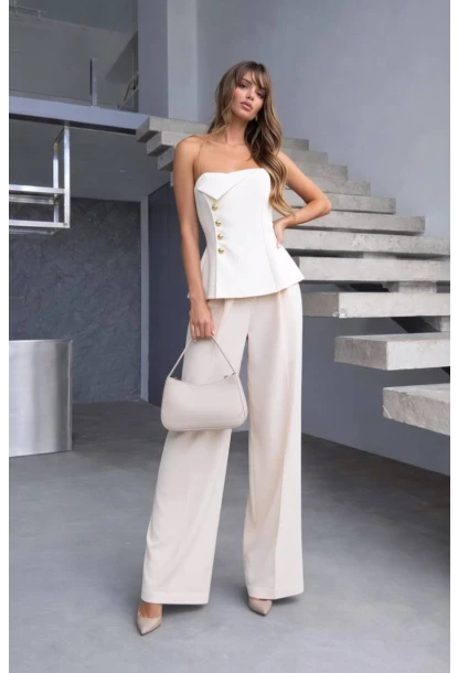 Straplez Bluz ve Pantalon Alt Üst Takım Ekru