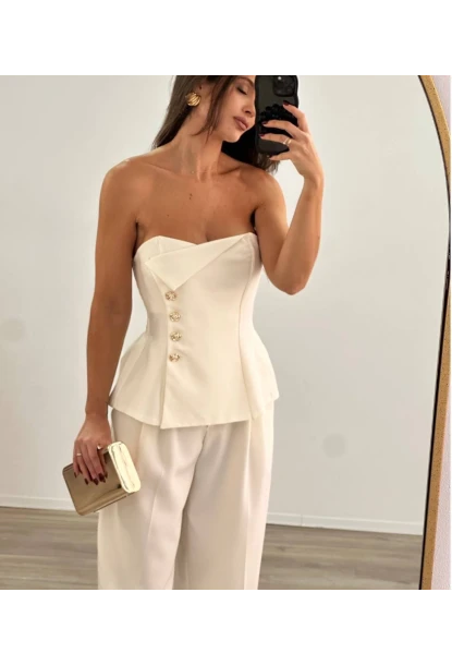 Straplez Bluz ve Pantalon Alt Üst Takım Ekru