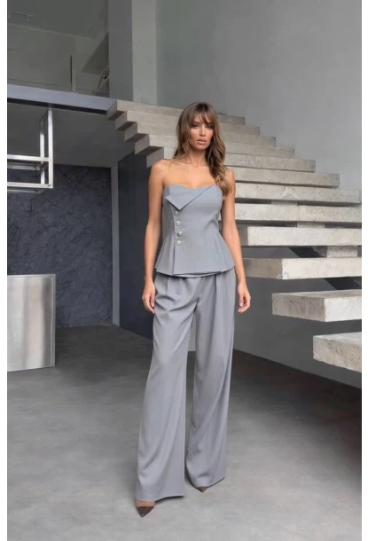 Straplez Bluz ve Pantalon Alt Üst Takım Gri