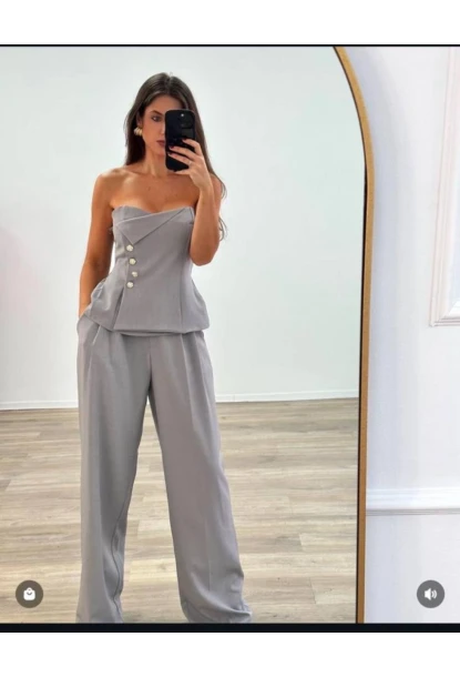 Straplez Bluz ve Pantalon Alt Üst Takım Gri