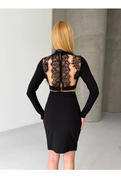 Suyolu Dantel Detaylı Sırt Dekolte Siyah Mini Elbise