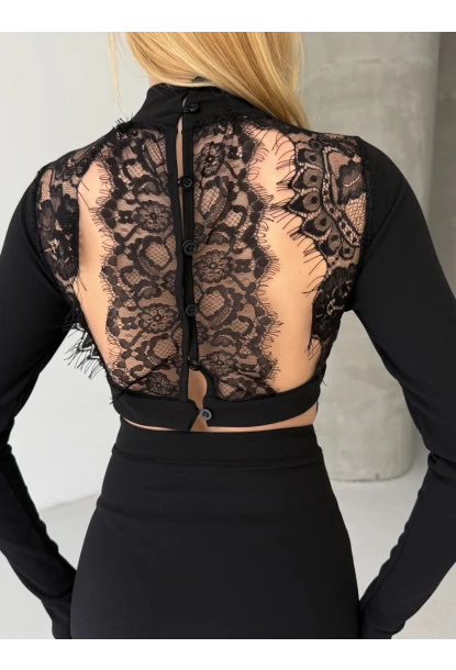 Suyolu Dantel Detaylı Sırt Dekolte Siyah Mini Elbise