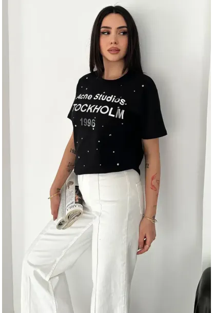 Taş Detaylı Yazılı Tişört Siyah