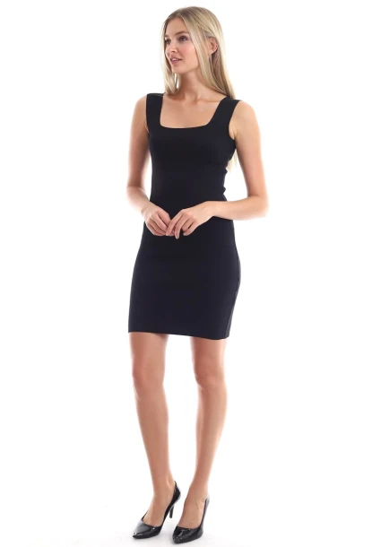 Triko Kare Yaka Kolsuz Elbise Siyah