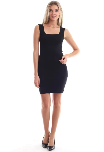 Triko Kare Yaka Kolsuz Elbise Siyah