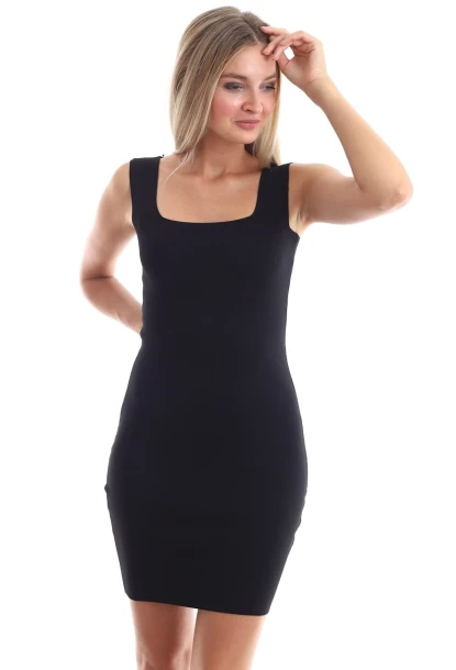 Triko Kare Yaka Kolsuz Elbise Siyah