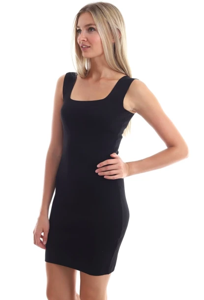 Triko Kare Yaka Kolsuz Elbise Siyah