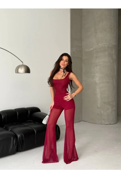 Tül Taşlı Kolsuz Tulum Bordo