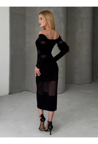 Tüy Detaylı Full Likralı Midi Boy Elbise