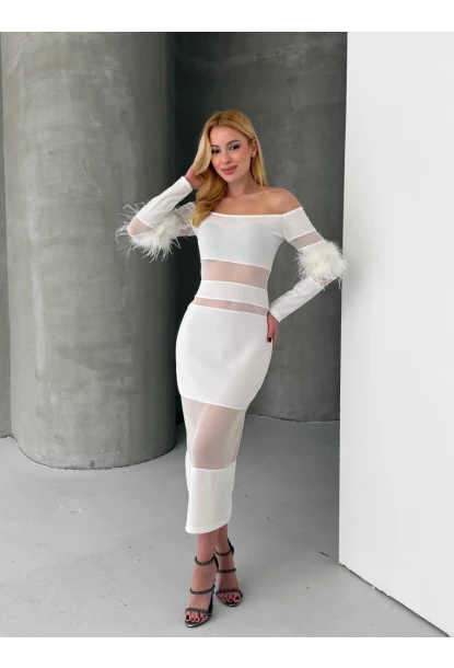 Tüy Detaylı Full Likralı Midi Boy Elbise Beyaz
