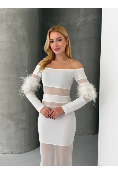 Tüy Detaylı Full Likralı Midi Boy Elbise Beyaz
