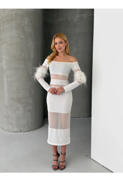 Tüy Detaylı Full Likralı Midi Boy Elbise Beyaz