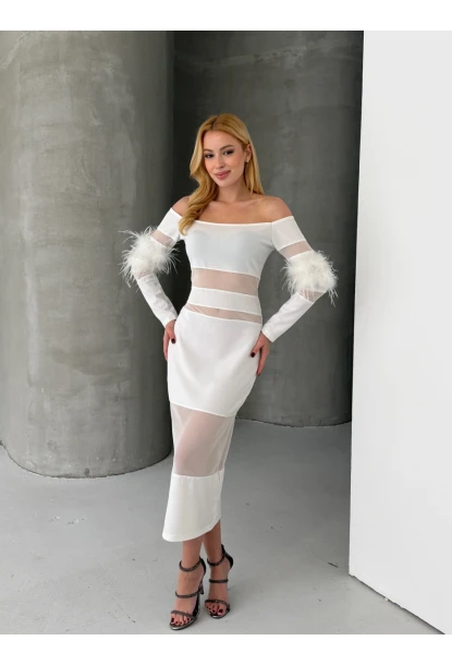 Tüy Detaylı Full Likralı Midi Boy Elbise Beyaz