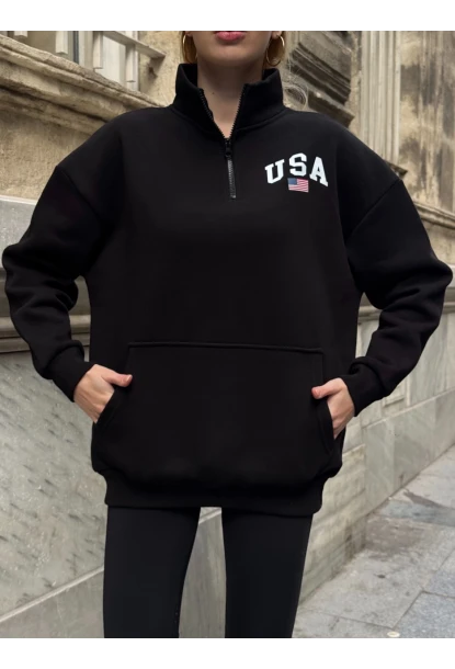 USA College Siyah Fermuarlı Oversize Sweatshirt