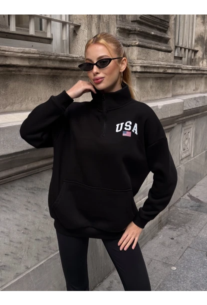 USA College Siyah Fermuarlı Oversize Sweatshirt