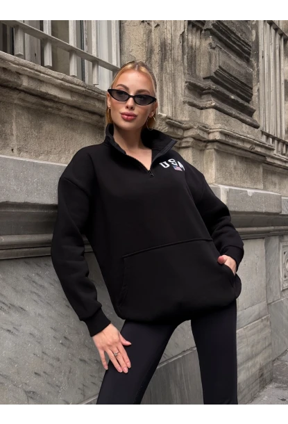 USA College Siyah Fermuarlı Oversize Sweatshirt
