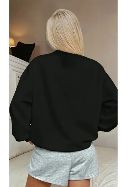 USA College Siyah Fermuarlı Oversize Sweatshirt