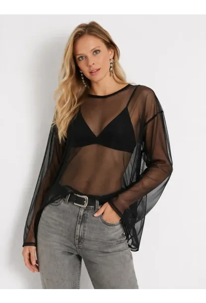 Uzun Kollu Transparan Tül Bluz – Oversize Kesim Siyah Bluz