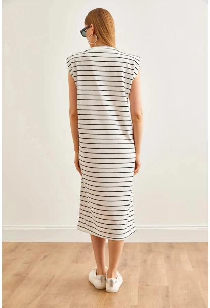 Vatkalı Çizgili Midi Elbise Beyaz