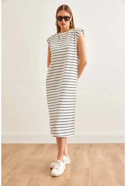 Vatkalı Çizgili Midi Elbise Beyaz