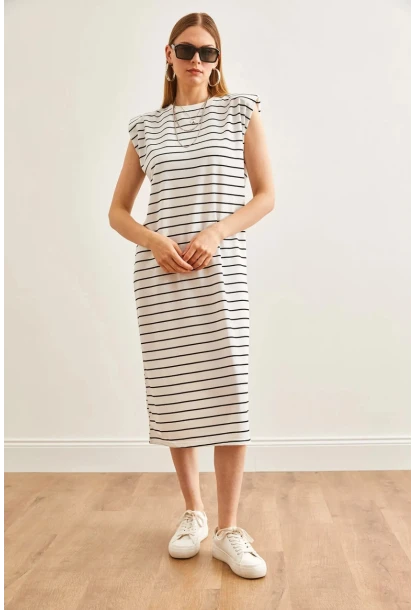 Vatkalı Çizgili Midi Elbise Beyaz