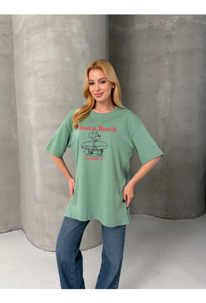 Venice Beach Baskılı Oversize Kadın Tişört – Mint Yeşil
