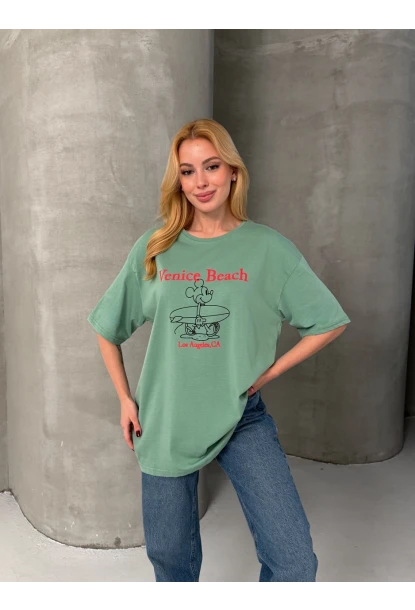 Venice Beach Baskılı Oversize Kadın Tişört – Mint Yeşil