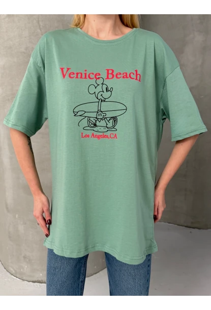 Venice Beach Baskılı Oversize Kadın Tişört – Mint Yeşil
