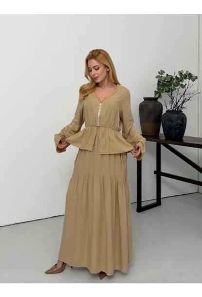 Viskon Kumaş Fermuar Detaylı Alt Üst Takım Bej