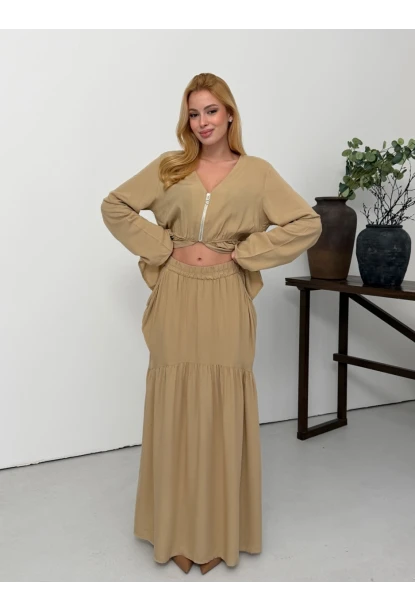 Viskon Kumaş Fermuar Detaylı Alt Üst Takım Bej