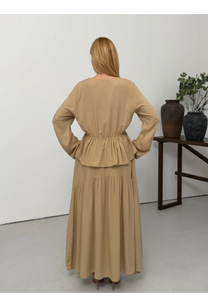 Viskon Kumaş Fermuar Detaylı Alt Üst Takım Bej