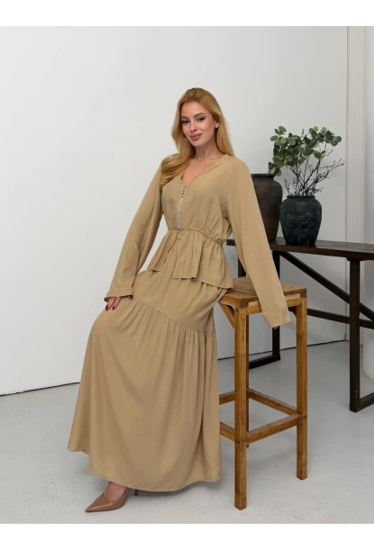 Viskon Kumaş Fermuar Detaylı Alt Üst Takım Bej