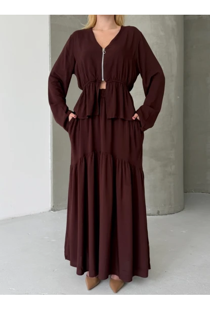 Viskon Kumaş Fermuar Detaylı Alt Üst Takım Kahve