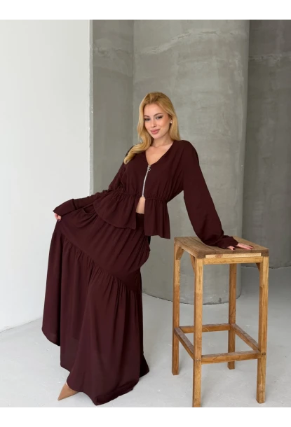 Viskon Kumaş Fermuar Detaylı Alt Üst Takım Kahve