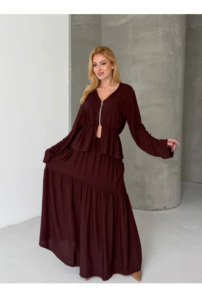 Viskon Kumaş Fermuar Detaylı Alt Üst Takım Kahve