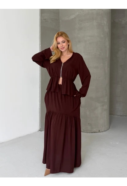 Viskon Kumaş Fermuar Detaylı Alt Üst Takım Kahve