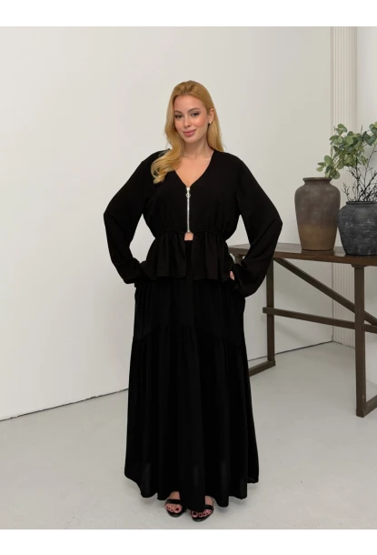 Viskon Kumaş Fermuar Detaylı Alt Üst Takım Siyah