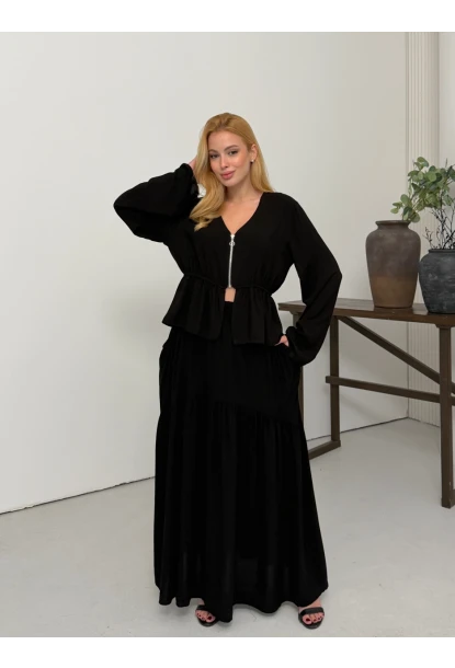 Viskon Kumaş Fermuar Detaylı Alt Üst Takım Siyah