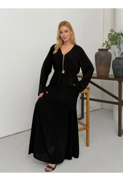 Viskon Kumaş Fermuar Detaylı Alt Üst Takım Siyah